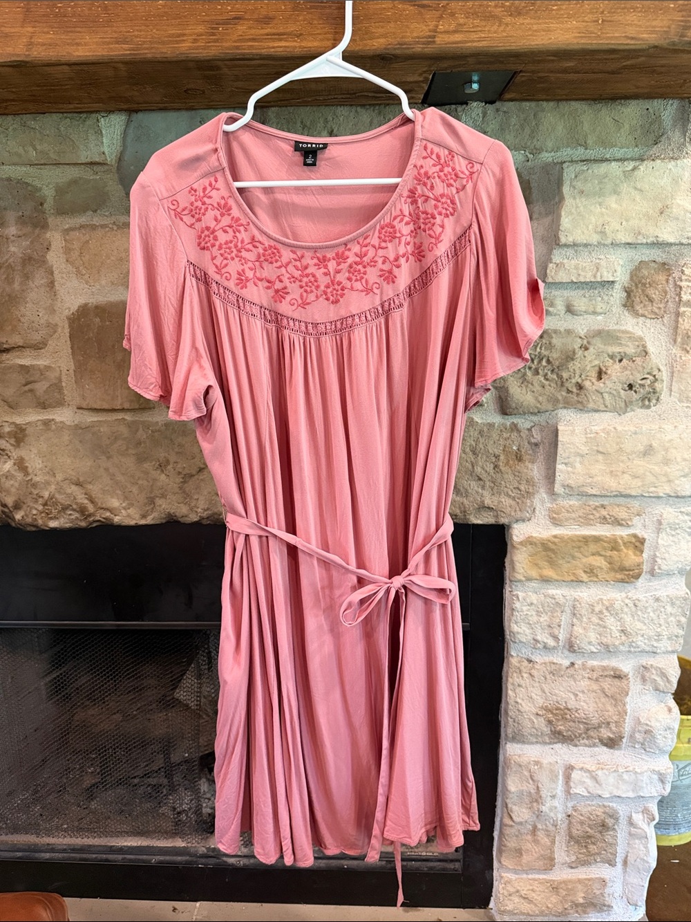 torrid Dusty Rose Embroidered Tie-Waist Dress